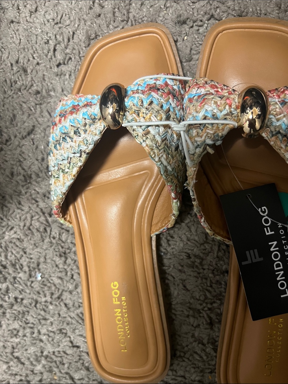 London Fog Slip-On Sandal with Multicolor Raffia Straps